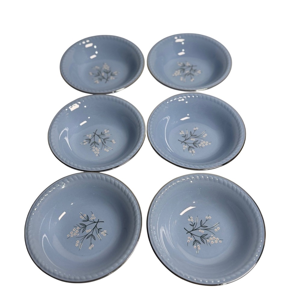 VTG Homer Laughlin Fruit Bowls Blue Kraft Blue Floral Silver Rim Set of 6